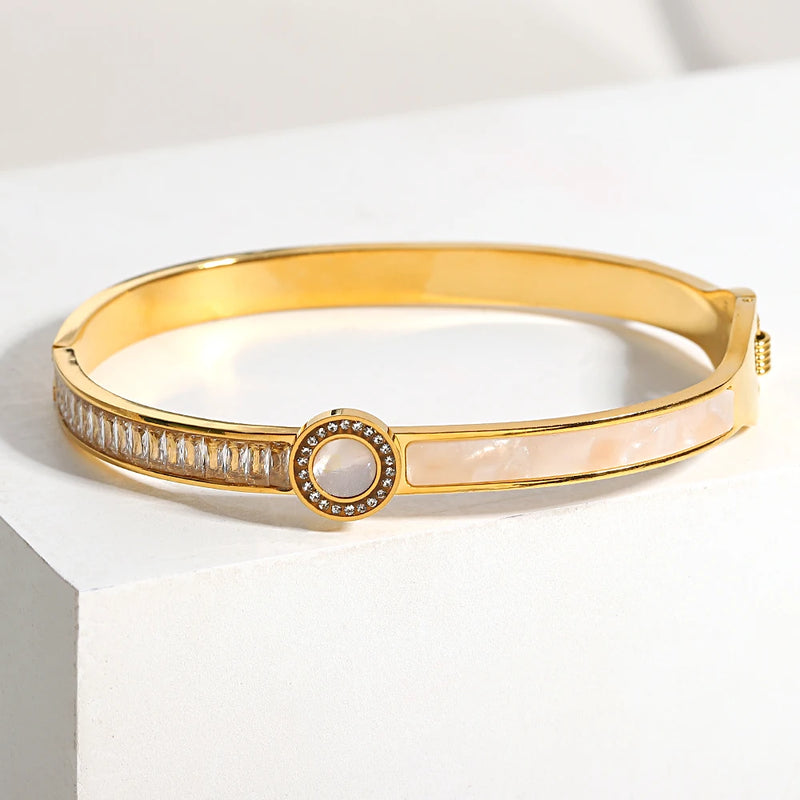 CZ Round Shell Charm Stainless Steel Bangles Bracelets for Women