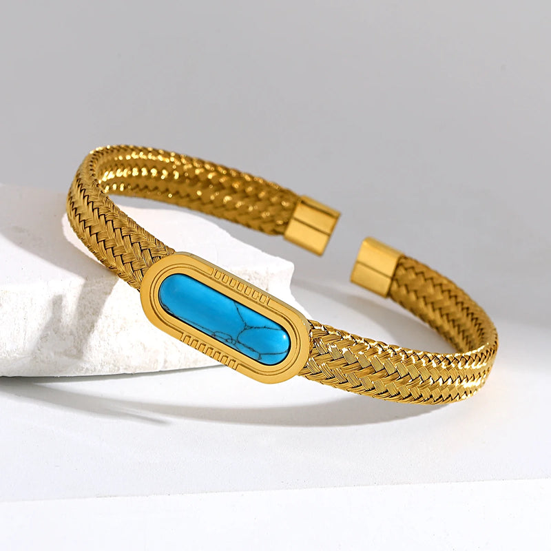 Stainless Steel Weave Bangle Bracelet Stone Charm Cuff