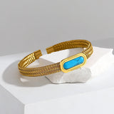 Stainless Steel Weave Bangle Bracelet Stone Charm Cuff
