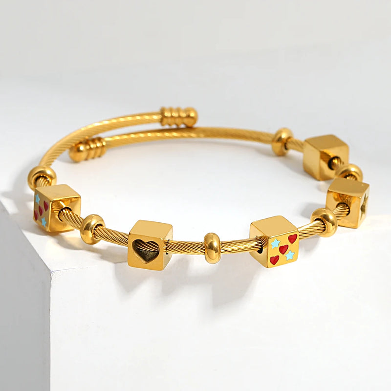 Red Enamel Heart Star Cube Charm Bangles for Women