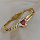 Romantic Red Heart Rhinestone Charm Stainless Steel Bangles Bracelets for Women