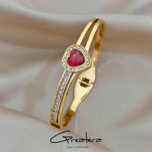 Romantic Red Heart Rhinestone Charm Stainless Steel Bangles Bracelets for Women