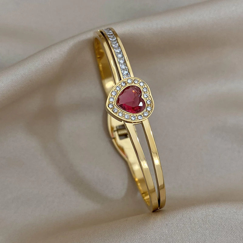 Romantic Red Heart Rhinestone Charm Stainless Steel Bangles Bracelets for Women