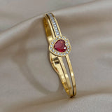 Romantic Red Heart Rhinestone Charm Stainless Steel Bangles Bracelets for Women