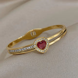 Romantic Red Heart Rhinestone Charm Stainless Steel Bangles Bracelets for Women