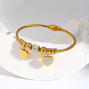 Heart Beads Charm Stainless Steel Bangle for Women Anniversary Gift