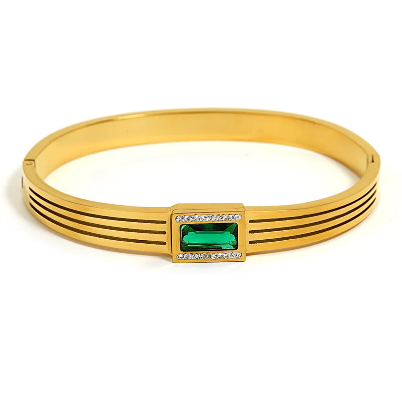 Stainless Steel Green CZ Charm Bracelet Bangle Women Jewelry
