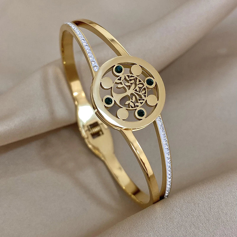 Stainless Steel Tree of Life Bangles Bracelets Green Zircon Charm Party Jewelry