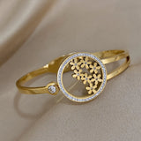 Stainless Steel Flowers Bangles Bracelets, Rhinestone Charm Floral Jewelry