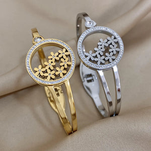 Stainless Steel Flowers Bangles Bracelets, Rhinestone Charm Floral Jewelry