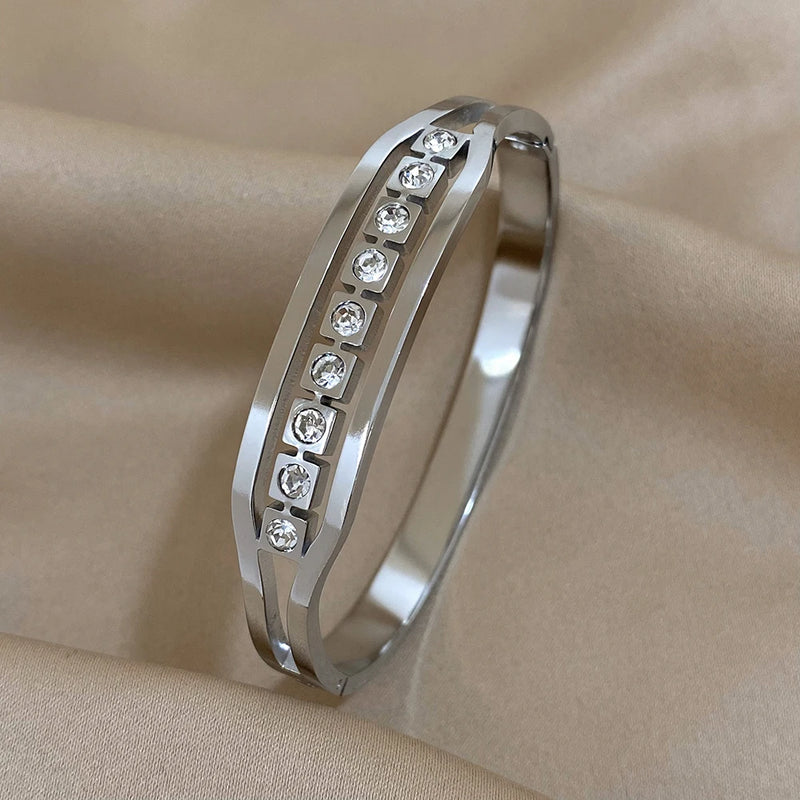CZ Rhinestone Stainless Steel Bangles Silver Bracelet Women Jewelry