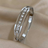 CZ Rhinestone Stainless Steel Bangles Silver Bracelet Women Jewelry