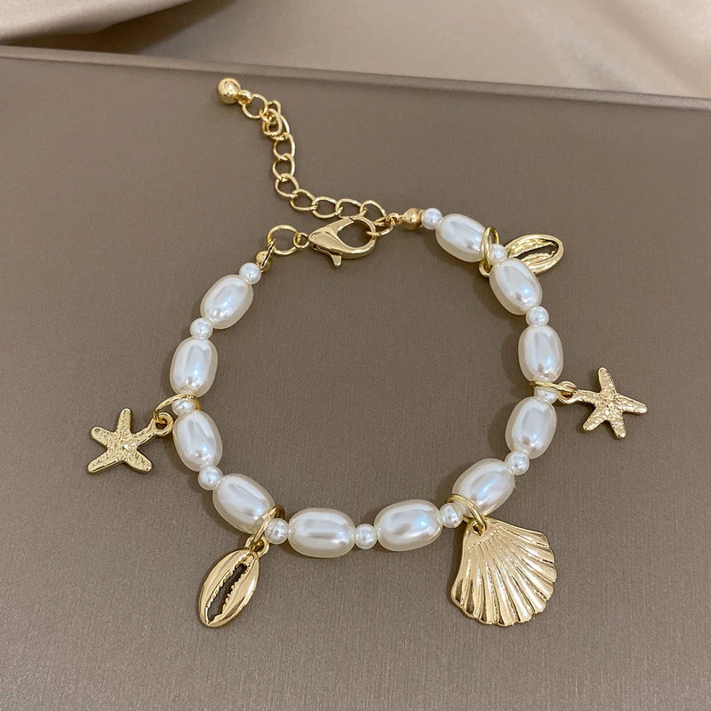Starfish Coin Pearl Chain Bracelet Women Statement Jewelry