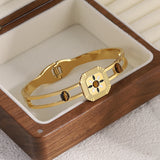 Square Bangles Bracelets Brown Stone Enamel Charm Plated Jewelry