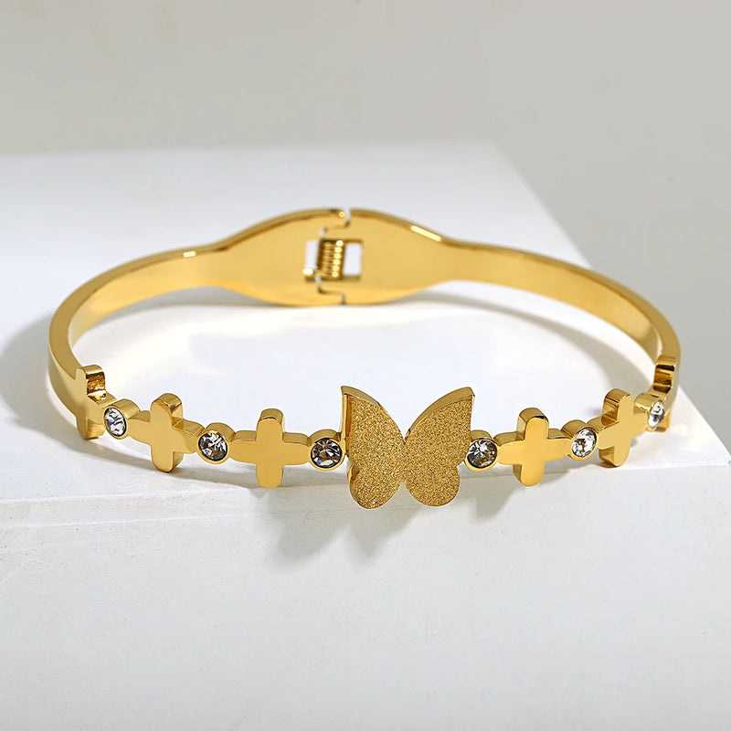 Stainless Steel Butterfly Bangle Bracelet Women 18K Plated Rhinestone Jewelry