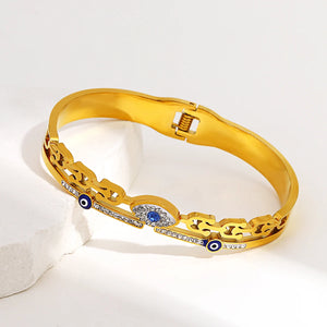 Evil Eye Bangle Bracelet Stainless Steel 18K Plated Rhinestone Charm Jewelry