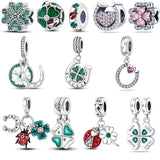 Green 925 Silver Beads Lucky Clover Horseshoe Charm Bracelet Necklace Pendant