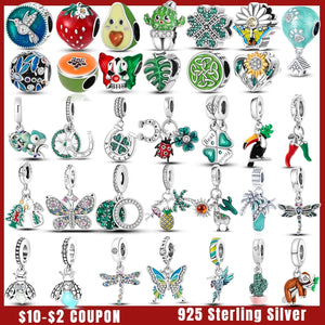Green 925 Silver Beads Lucky Clover Horseshoe Charm Bracelet Necklace Pendant
