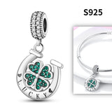 Green 925 Silver Beads Lucky Clover Horseshoe Charm Bracelet Necklace Pendant