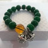 Green Chalcedony Bracelet 12mm Bead Tibetan Silver Bell Charm