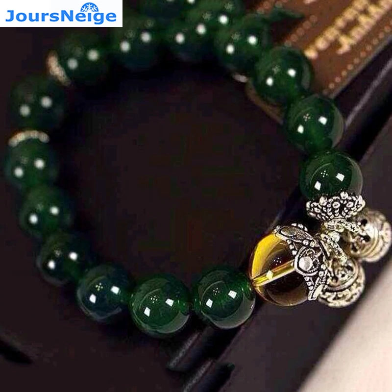 Green Chalcedony Bracelet 12mm Bead Tibetan Silver Bell Charm