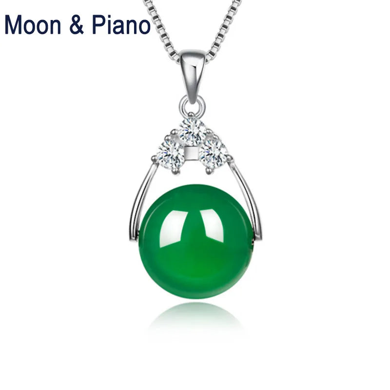 Green Chalcedony Pendant Necklace 925 Sterling Silver Box Chain Vintage Fine
