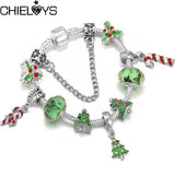 Green Christmas Tree Beads Pendant Charm Bracelets Silver Chain Xmas Jewelry