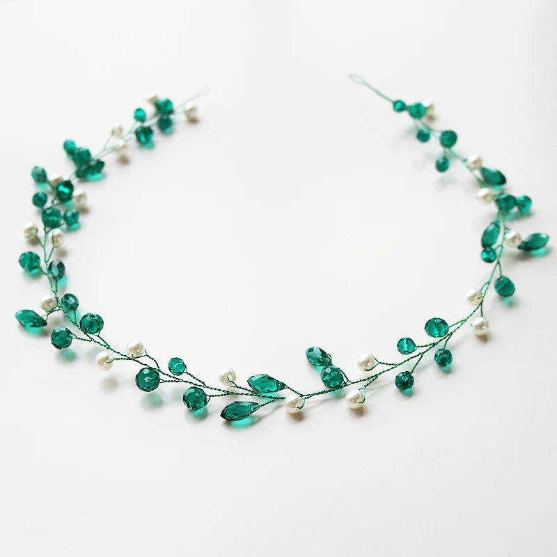 Green Crystal Vine Women Headbands Pearl Wedding Hair Jewelry Accessories