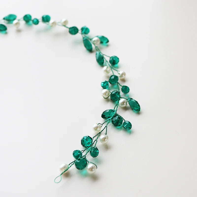 Green Crystal Vine Women Headbands Pearl Wedding Hair Jewelry Accessories