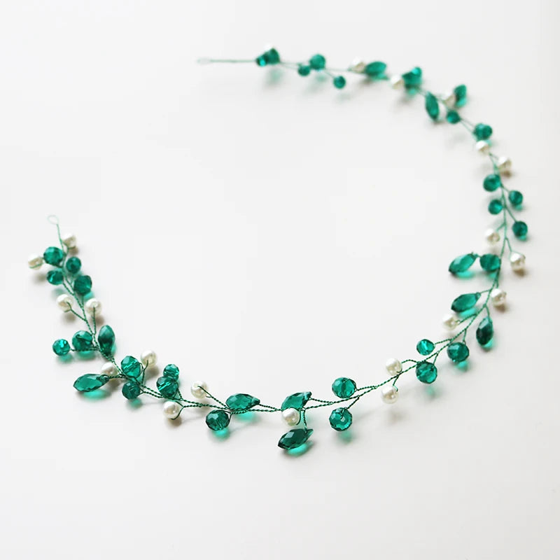Green Crystal Vine Women Headbands Pearl Wedding Hair Jewelry Accessories