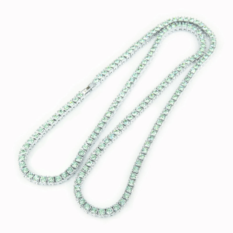 Green Crystal 1 Row Tennis Chain Women's Hip Hop Necklace Silver Pink Champagne