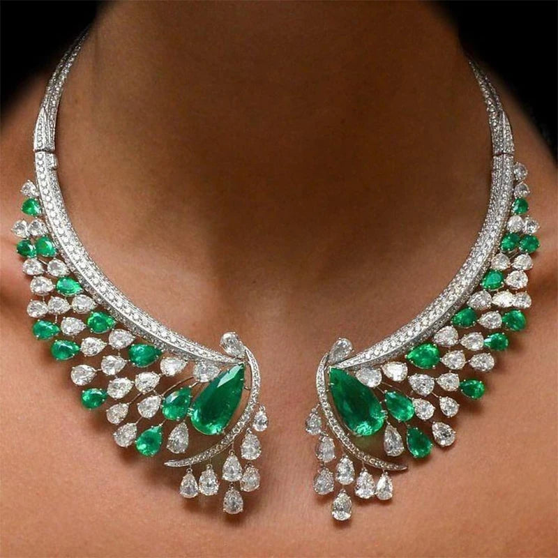 Green Crystal Clear Rhinestone Choker Necklace Wedding Jewelry