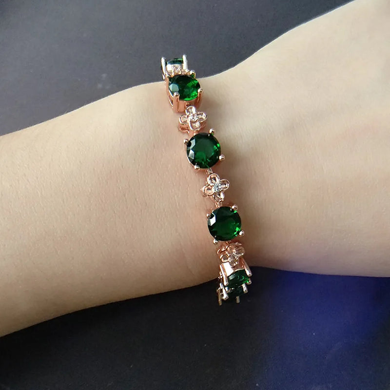 Emerald Green Crystal Flower Chain Bracelet 18k Rose Gold Filled