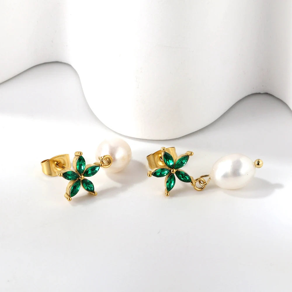 Green Crystal Hoop Earrings Vintage Pearl Dangle Ear Clip Jewelry Gift