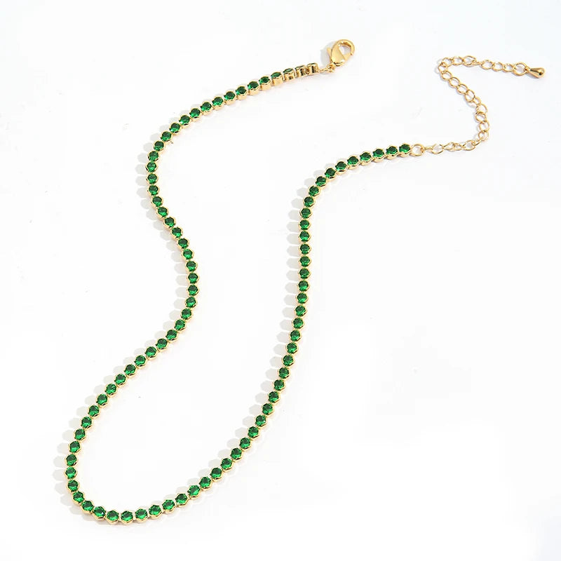 Green CZ Hip Hop Tennis Chain Necklace 18k Colorful Crystal Street Party