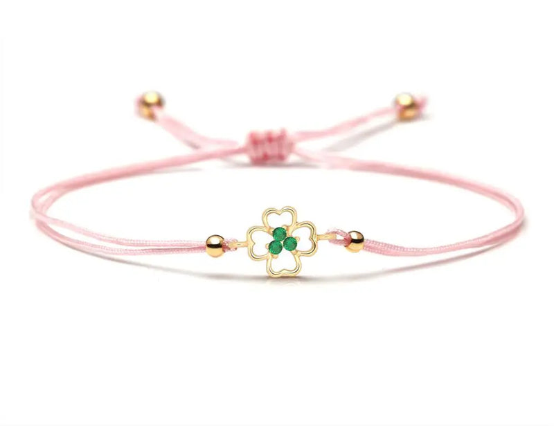 Green CZ Clover Charm Bracelet Men Women Red Pink Thread Jewelry