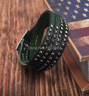 Green Double Wrap Leather Wristbands Bracelet Cuff Mens
