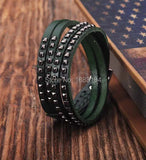 Green Double Wrap Leather Wristbands Bracelet Cuff Mens