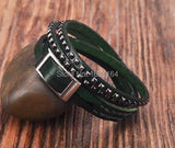 Green Double Wrap Leather Wristbands Bracelet Cuff Mens