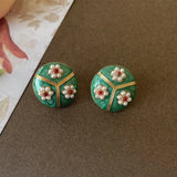 Green Sun Flower Pearl Ear Studs for Women