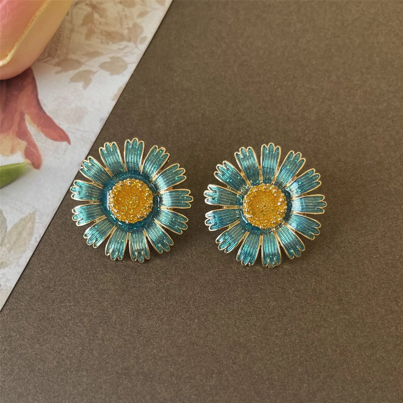Green Sun Flower Pearl Ear Studs for Women