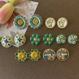 Green Sun Flower Pearl Ear Studs for Women