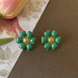 Green Sun Flower Pearl Ear Studs for Women
