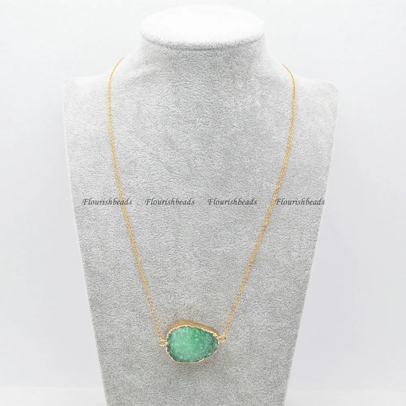 Green Druzy Quartz Oval Stone Pendant Necklace Women Jewelry