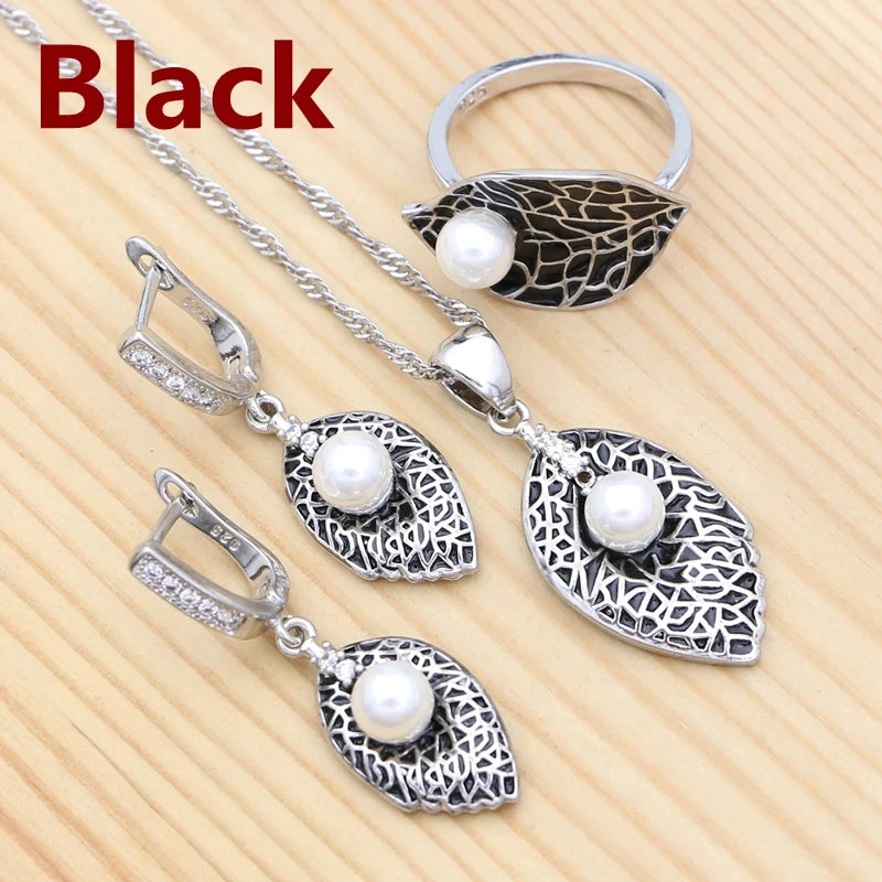 Green Enamel Leaf 925 Silver Jewelry Set