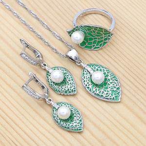 Green Enamel Leaf 925 Silver Jewelry Set