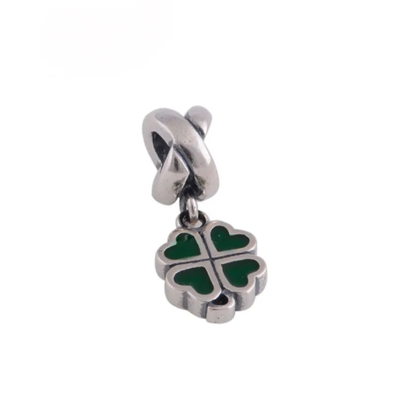 Green Enamel Lucky Clover Charms Silver 925 Beads For Jewelry Making DIY
