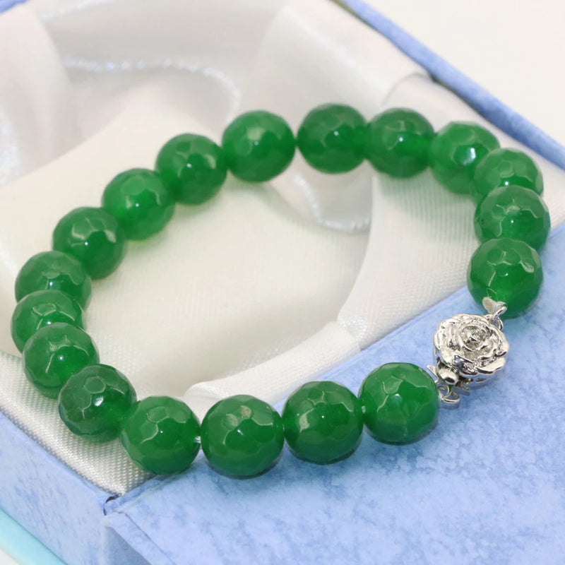 Green Faceted Stone Beads Bracelet 10mm Round Jades Chalcedony Jewelry
