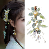 Green Flower Hairpin Hair Clip Pearl Alloy Leaf Shaped Headpiece