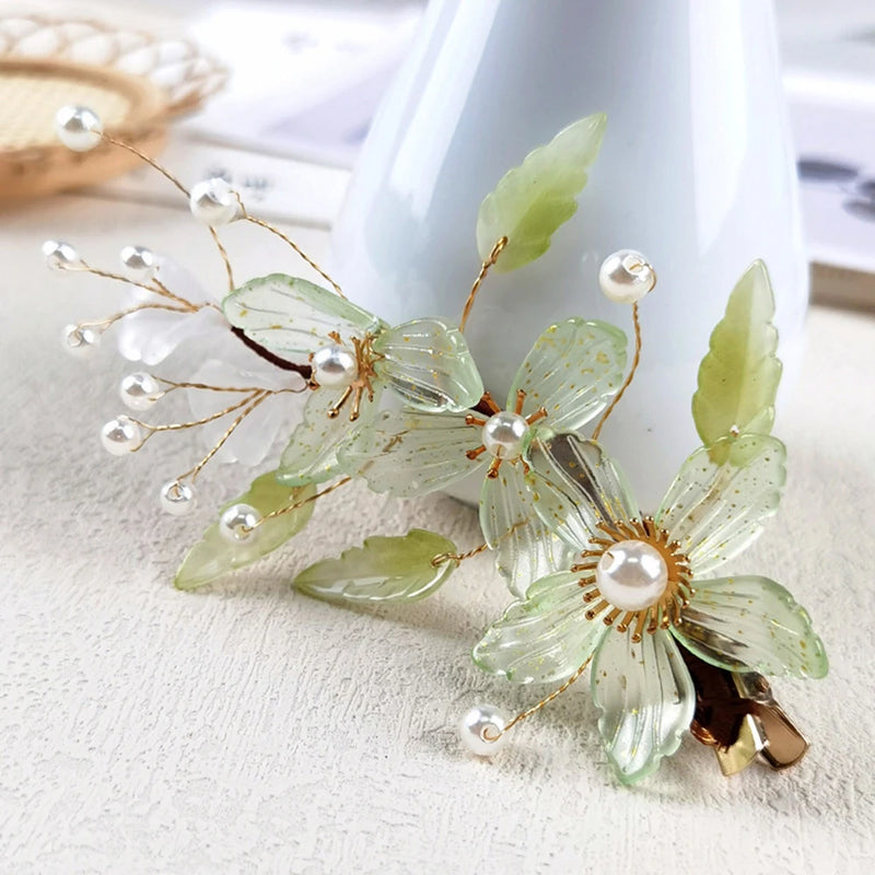 Green Flower Hairpin Hair Clip Pearl Alloy Leaf Shaped Headpiece